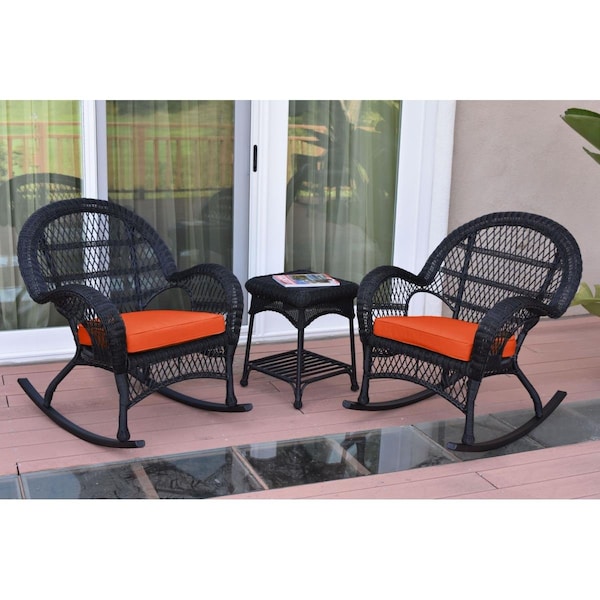 Propation W00211-2-RCES016 3 Piece Santa Maria Black Rocker Wicker Chair Set; Orange Cushion PR1081426 - main